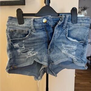 American Eagle Outfitters Blue Distressed High Rise Cheeky Shortie